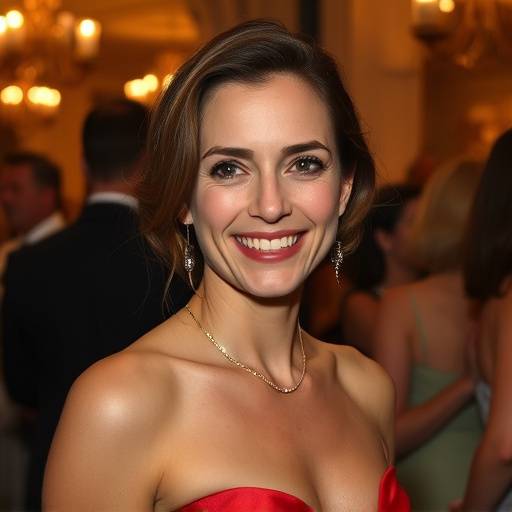 Amélie Dupont souriant lors d'un gala de charité à Paris, portant une robe élégante et des bijoux étincelants.