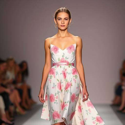 Isabelle Leclerc présentant une robe de sa nouvelle collection, avec des motifs floraux et des couleurs pastel.