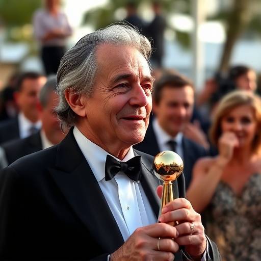 Jean Moreau posant avec son prix au Festival de Cannes.