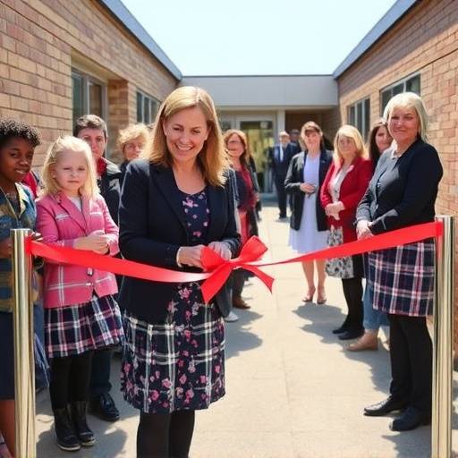 Sophie Dubois inaugurant une nouvelle école construite par sa fondation.