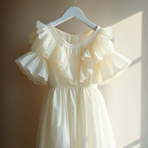 Une robe courte à volants de la collection d'Isabelle Leclerc, présentée sur un cintre.